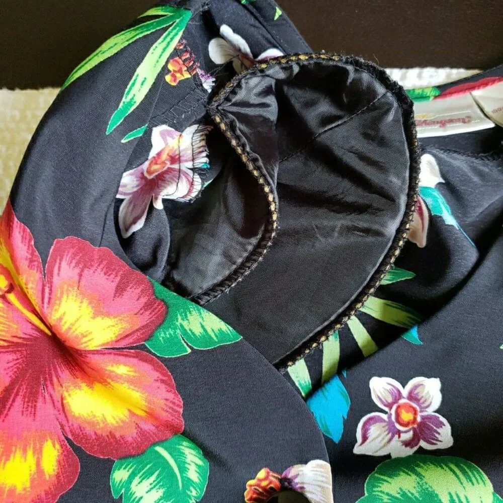 VTG Worthington Tropical Hibiscus Blouse 16 Black Hawaiian Button Up Plus Top - Picture 6 of 8
